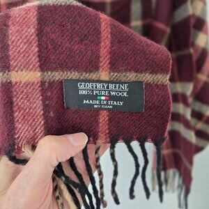 Geoffrey Beene 100% Wool Plaid 12” X 56” Scarf Italy Burgundy Tan Grey